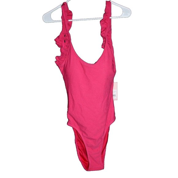 JUICY COUTURE  Hot Pink Swim BATHING SUIT 1 Pc Ruffle Armpit Sz L Open Back NEW - Picture 1 of 2